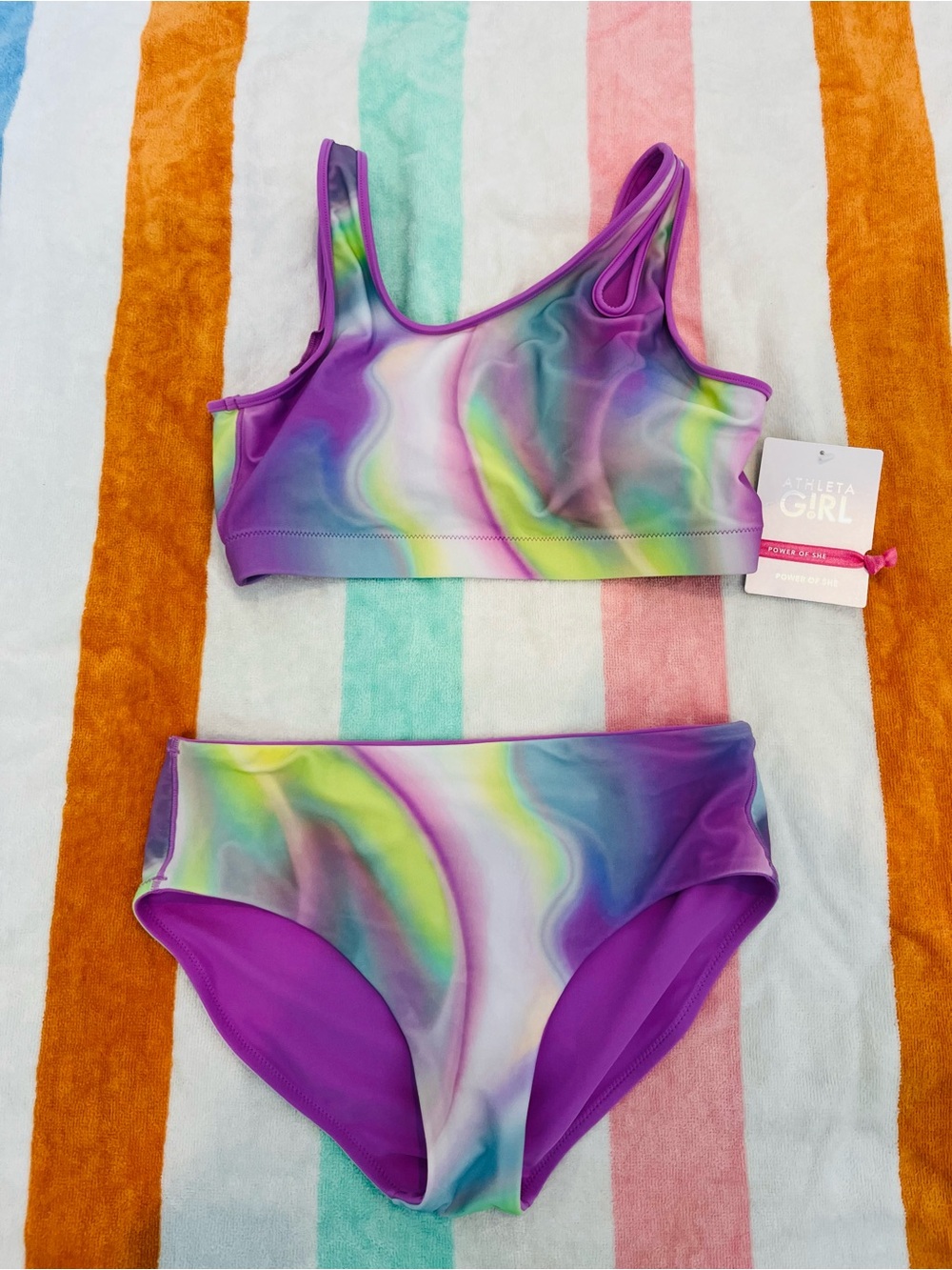 Athleta Girl XXL/16 NWT multi color Swirl 2 Piece bikini Swim suite with cut out
